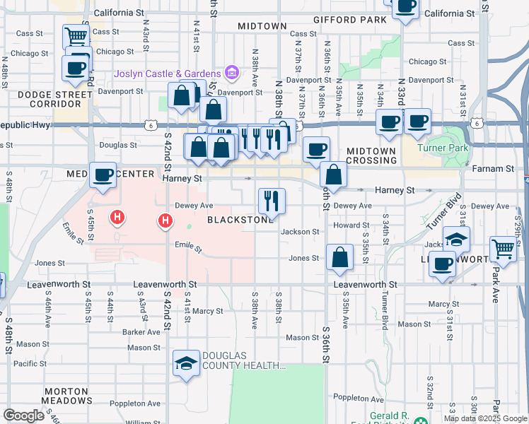 map of restaurants, bars, coffee shops, grocery stores, and more near 3814 Dewey Avenue in Omaha