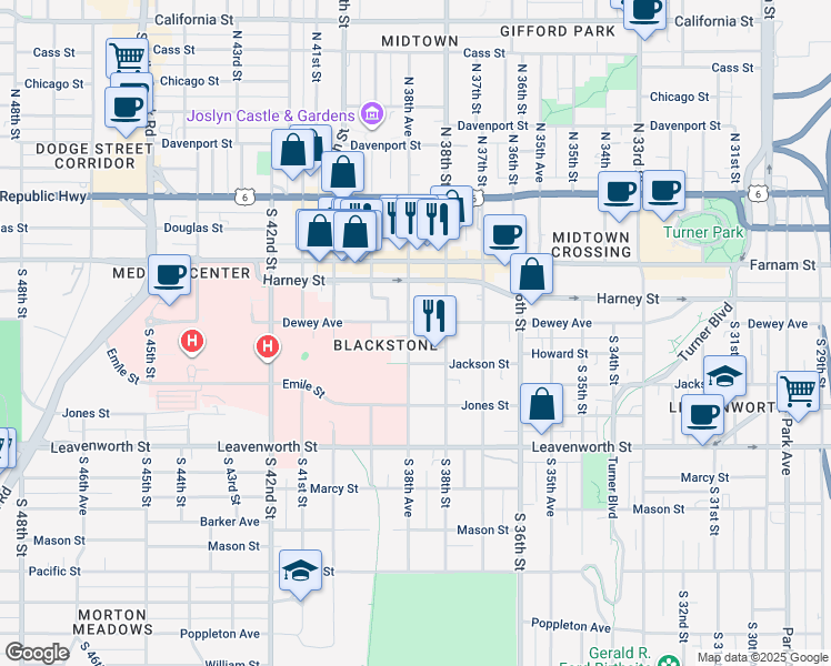 map of restaurants, bars, coffee shops, grocery stores, and more near 3814 Dewey Avenue in Omaha