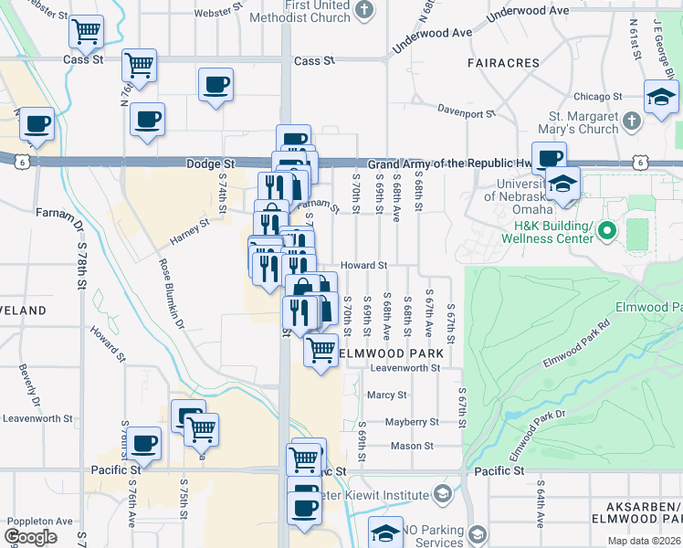 map of restaurants, bars, coffee shops, grocery stores, and more near 344 South 70th Street in Omaha