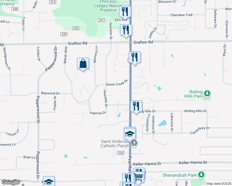 map of restaurants, bars, coffee shops, grocery stores, and more near 4371 Fieldstone Court in Brunswick