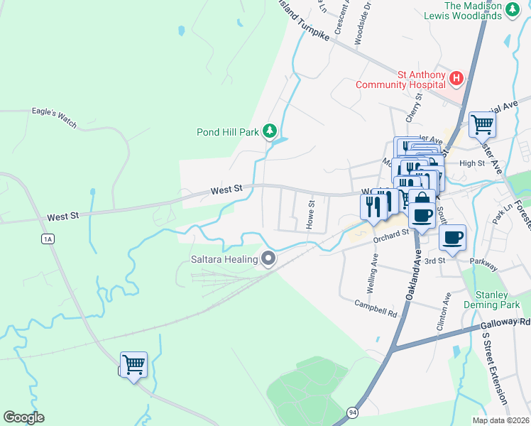 map of restaurants, bars, coffee shops, grocery stores, and more near 27 Village Cove in Warwick
