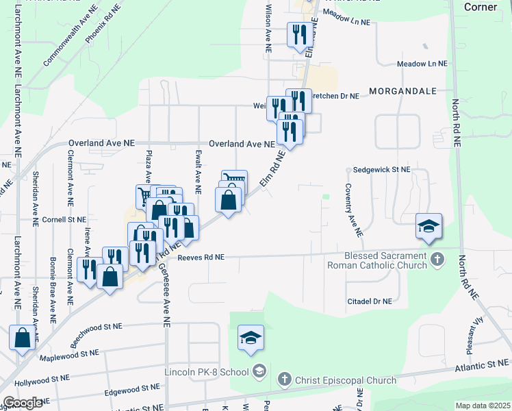 map of restaurants, bars, coffee shops, grocery stores, and more near 2460 Elm Road Northeast in Warren