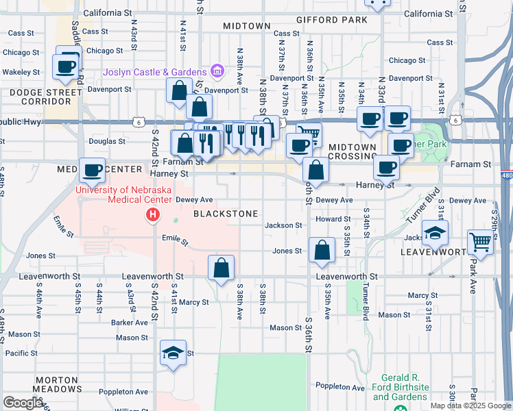 map of restaurants, bars, coffee shops, grocery stores, and more near 500 South 38th Street in Omaha