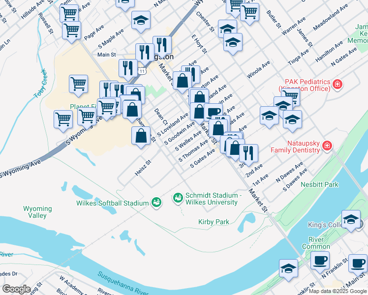 map of restaurants, bars, coffee shops, grocery stores, and more near 50 South Welles Avenue in Kingston