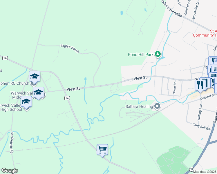 map of restaurants, bars, coffee shops, grocery stores, and more near 183 West Street in Warwick