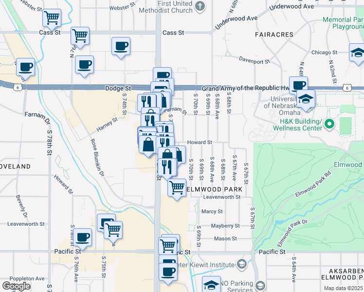map of restaurants, bars, coffee shops, grocery stores, and more near 7110 Jones Circle in Omaha