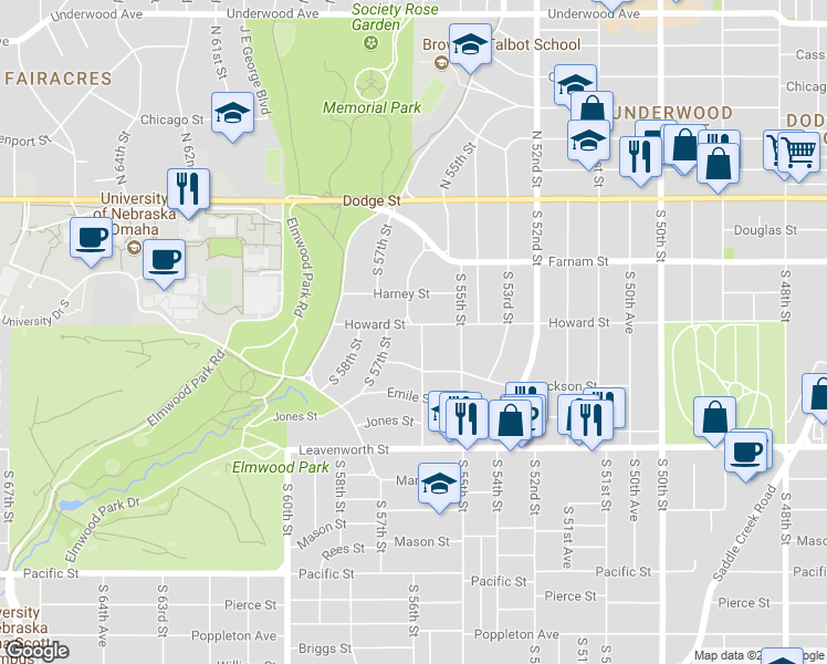map of restaurants, bars, coffee shops, grocery stores, and more near 5607 Howard Street in Omaha