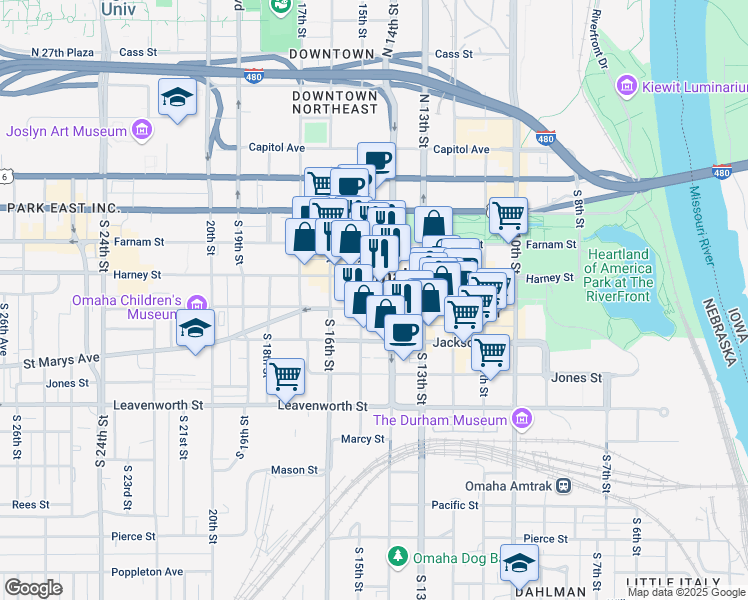 map of restaurants, bars, coffee shops, grocery stores, and more near 1416 Howard Street in Omaha