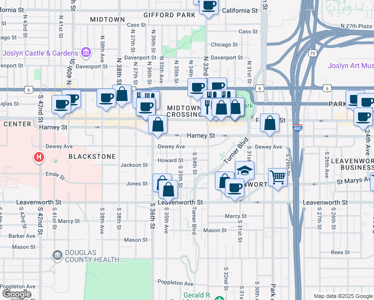 map of restaurants, bars, coffee shops, grocery stores, and more near 3320 Dewey Avenue in Omaha
