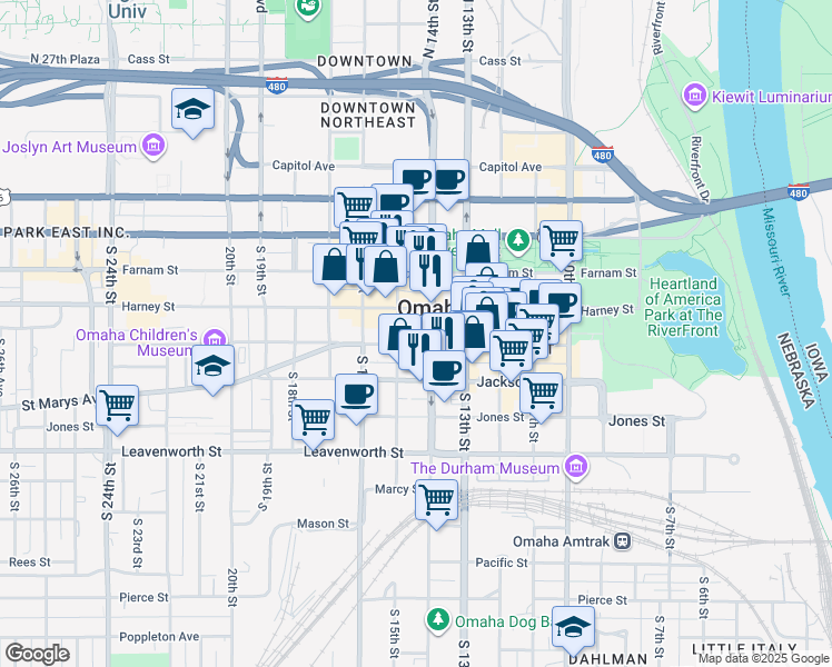 map of restaurants, bars, coffee shops, grocery stores, and more near 1416 Howard Street in Omaha