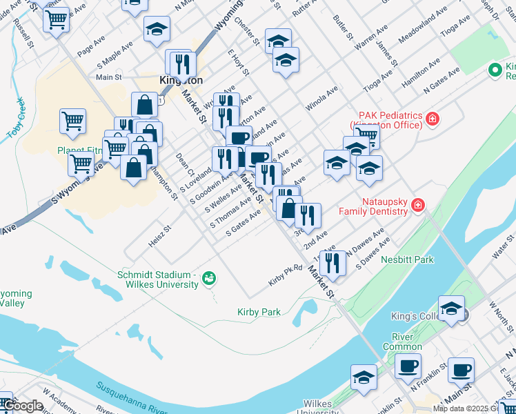map of restaurants, bars, coffee shops, grocery stores, and more near 368 Market Street in Kingston