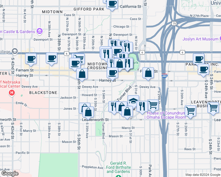 map of restaurants, bars, coffee shops, grocery stores, and more near 425 South 33rd Street in Omaha