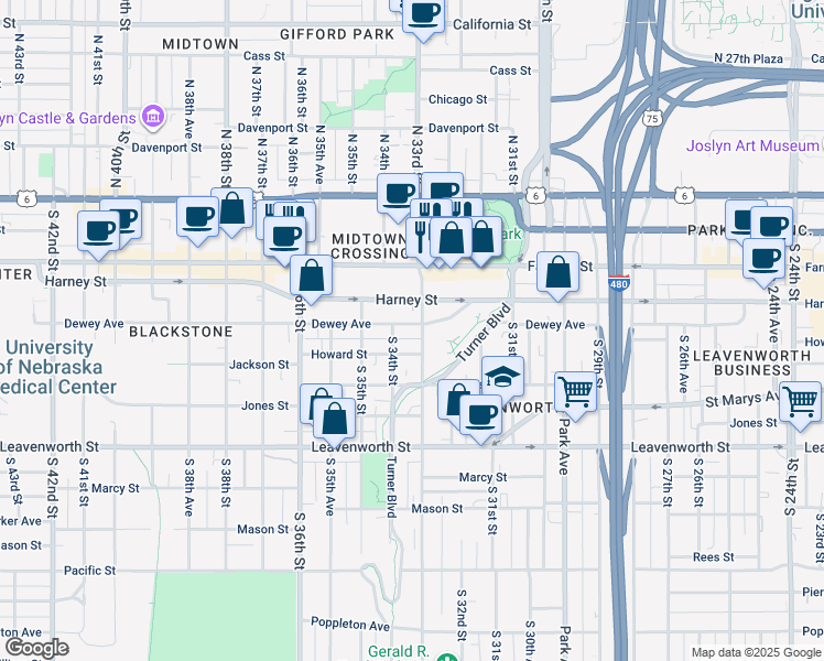 map of restaurants, bars, coffee shops, grocery stores, and more near 3320 Dewey Avenue in Omaha