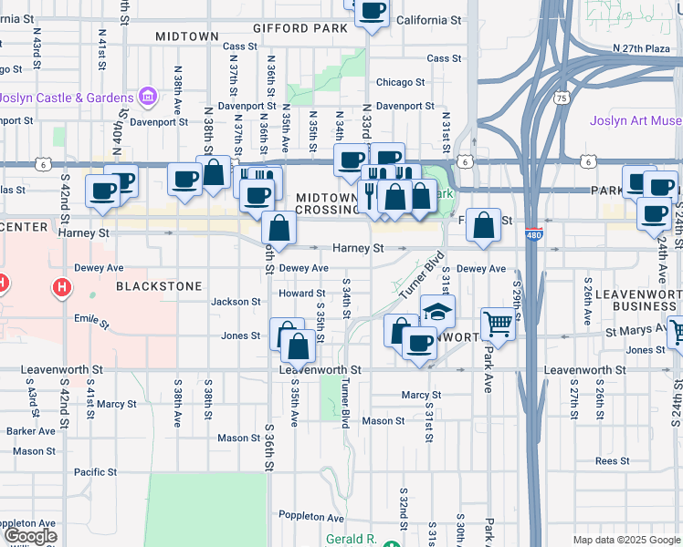 map of restaurants, bars, coffee shops, grocery stores, and more near 3320 Dewey Avenue in Omaha
