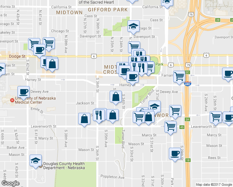 map of restaurants, bars, coffee shops, grocery stores, and more near 3507 Dewey Avenue in Omaha