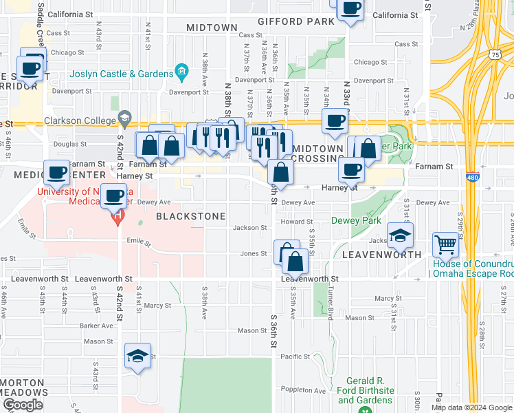 map of restaurants, bars, coffee shops, grocery stores, and more near 3625 Dewey Avenue in Omaha