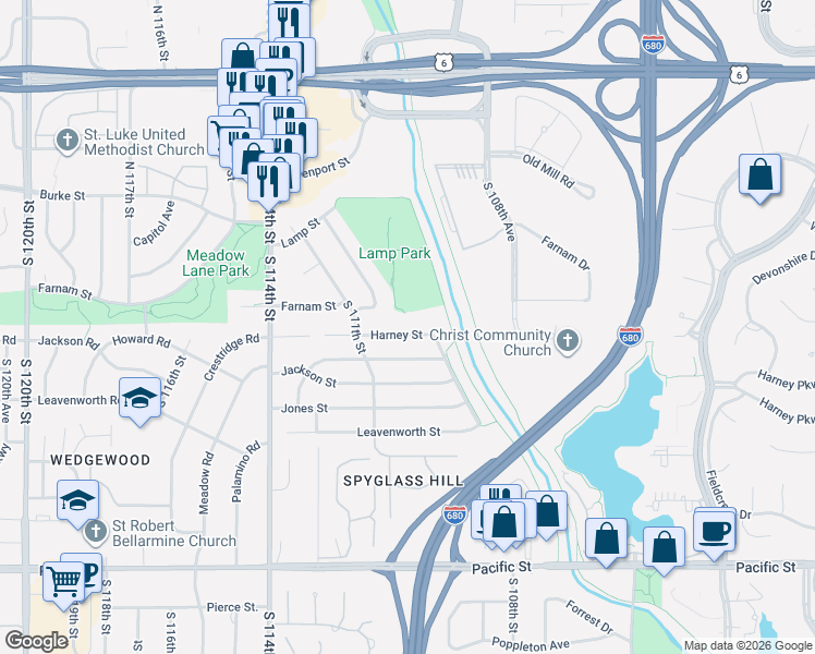 map of restaurants, bars, coffee shops, grocery stores, and more near 11014 Harney Street in Omaha