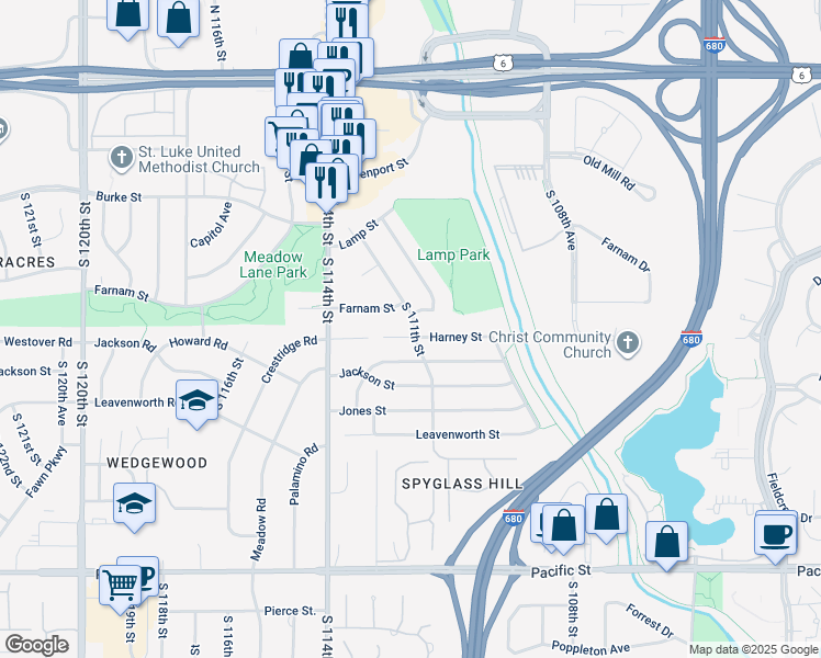 map of restaurants, bars, coffee shops, grocery stores, and more near 11111 Farnam Street in Omaha