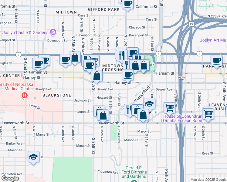 map of restaurants, bars, coffee shops, grocery stores, and more near 3417 Dewey Avenue in Omaha