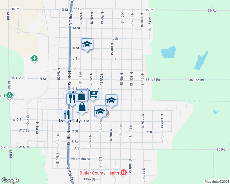 map of restaurants, bars, coffee shops, grocery stores, and more near 801-899 G Street in David City