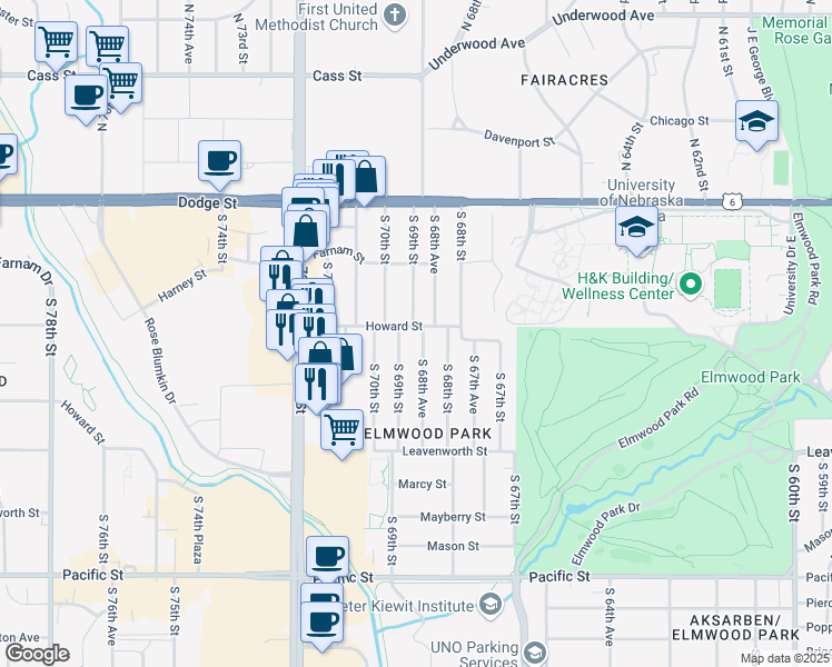 map of restaurants, bars, coffee shops, grocery stores, and more near 510 South 68th Avenue in Omaha