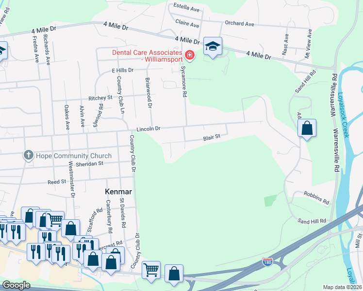 map of restaurants, bars, coffee shops, grocery stores, and more near 2632-2648 Blair Saint Exd in Montoursville