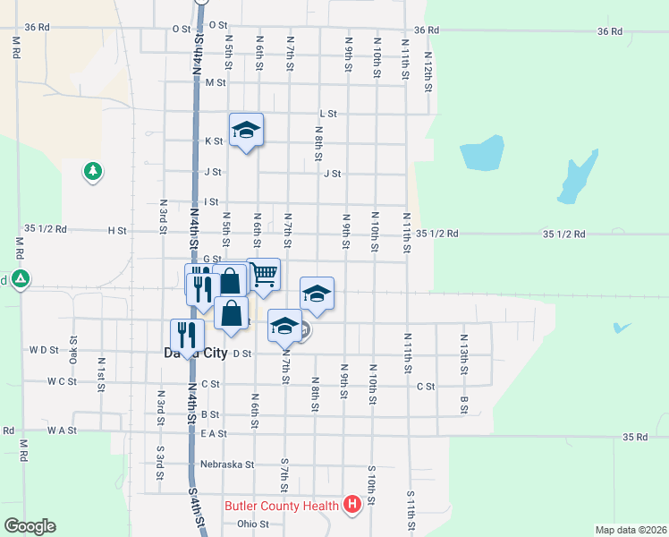 map of restaurants, bars, coffee shops, grocery stores, and more near 899 G Street in David City