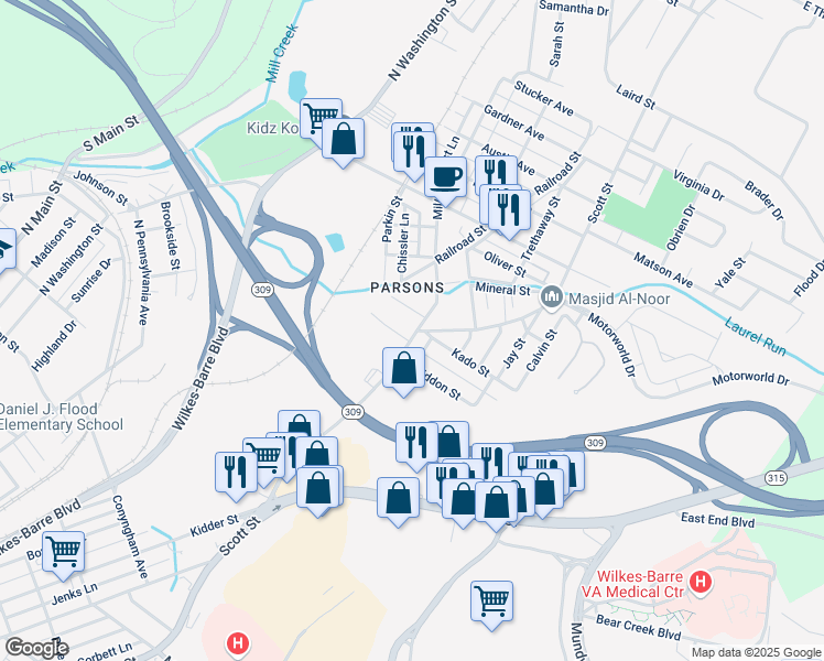 map of restaurants, bars, coffee shops, grocery stores, and more near 848 Mill Street in Wilkes-Barre