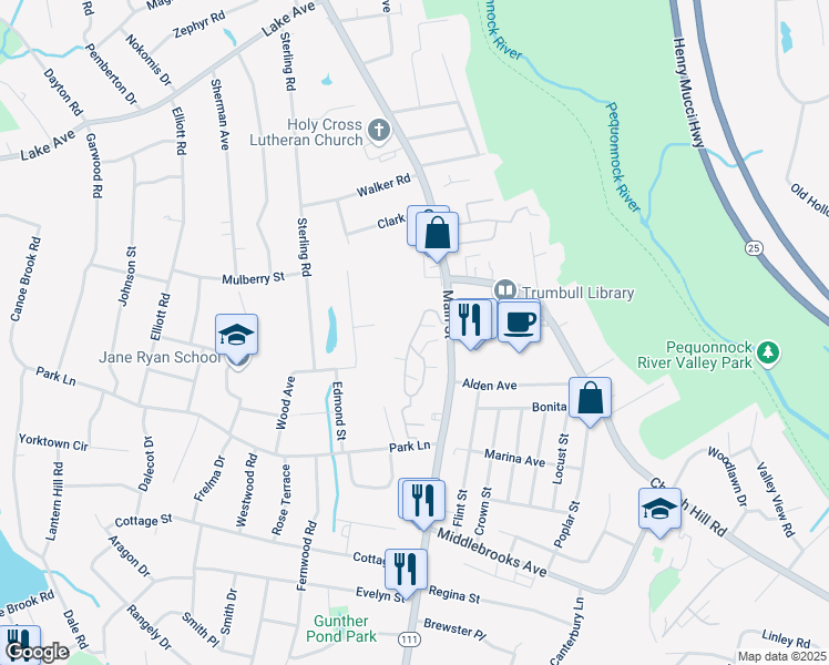 map of restaurants, bars, coffee shops, grocery stores, and more near 183 Mayfield Drive in Trumbull