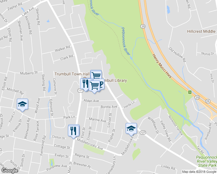 map of restaurants, bars, coffee shops, grocery stores, and more near 109 Church Hill Road in Trumbull