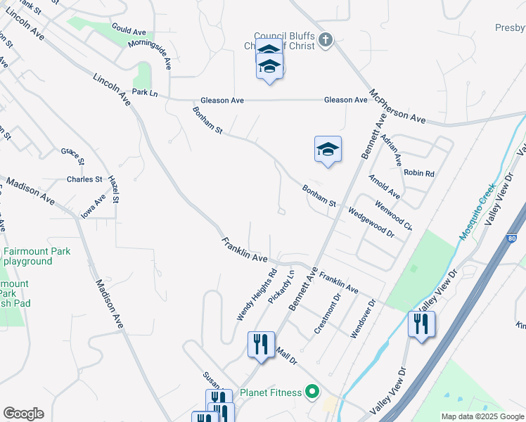 map of restaurants, bars, coffee shops, grocery stores, and more near 907 Franklin Avenue in Council Bluffs