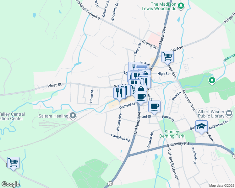 map of restaurants, bars, coffee shops, grocery stores, and more near 13 Elm Street in Warwick