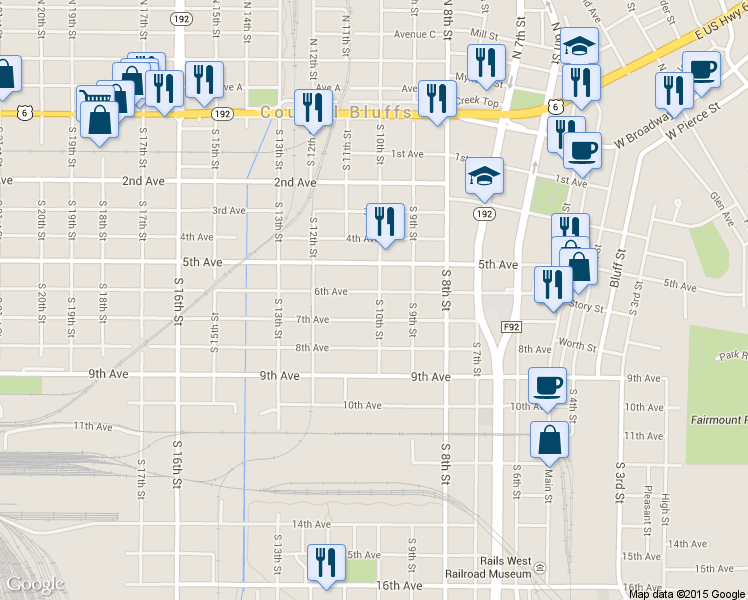 map of restaurants, bars, coffee shops, grocery stores, and more near 1007 6th Avenue in Council Bluffs