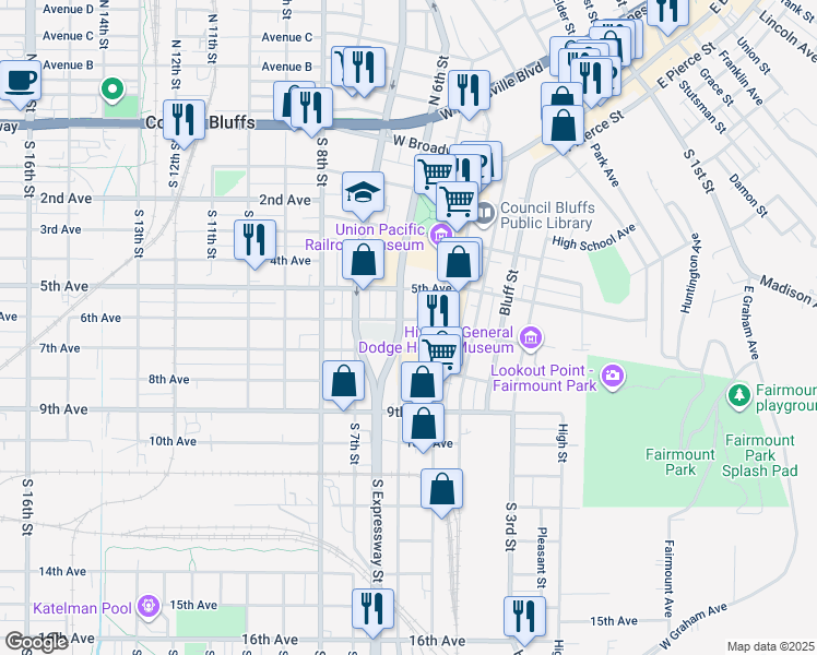 map of restaurants, bars, coffee shops, grocery stores, and more near 541 6th Avenue in Council Bluffs