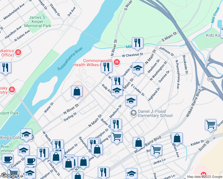 map of restaurants, bars, coffee shops, grocery stores, and more near 40 Kulp Avenue in Wilkes-Barre