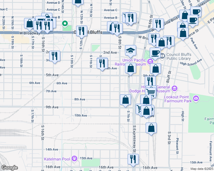 map of restaurants, bars, coffee shops, grocery stores, and more near 829 6th Avenue in Council Bluffs