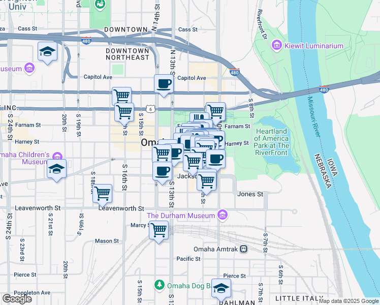 map of restaurants, bars, coffee shops, grocery stores, and more near 1102 Harney Street in Omaha