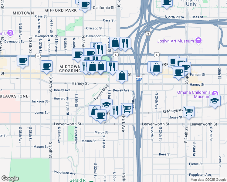 map of restaurants, bars, coffee shops, grocery stores, and more near 3105 Dewey Avenue in Omaha