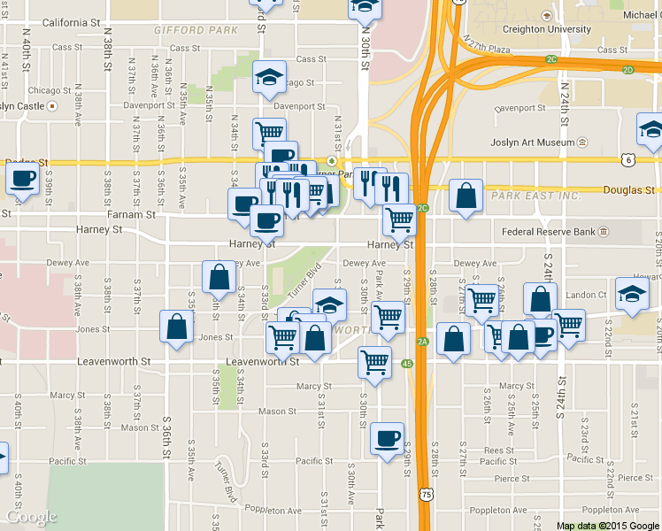 map of restaurants, bars, coffee shops, grocery stores, and more near 3105 Dewey Avenue in Omaha