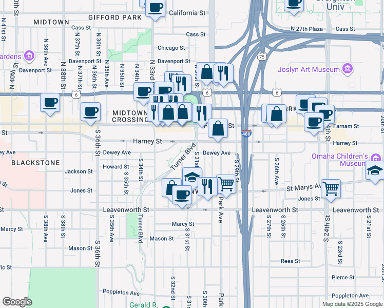 map of restaurants, bars, coffee shops, grocery stores, and more near 3105 Dewey Avenue in Omaha