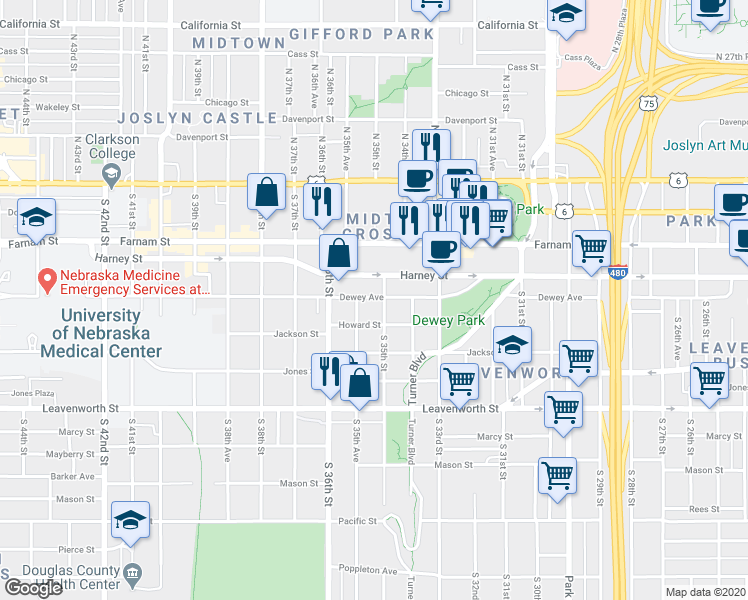 map of restaurants, bars, coffee shops, grocery stores, and more near 3507 Dewey Avenue in Omaha