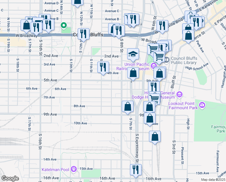 map of restaurants, bars, coffee shops, grocery stores, and more near 829 6th Avenue in Council Bluffs