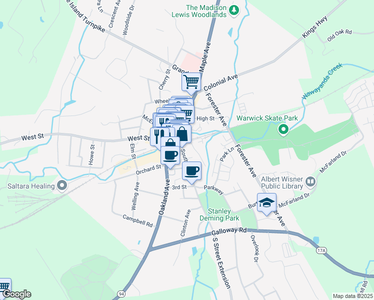 map of restaurants, bars, coffee shops, grocery stores, and more near 35 South Street in Warwick