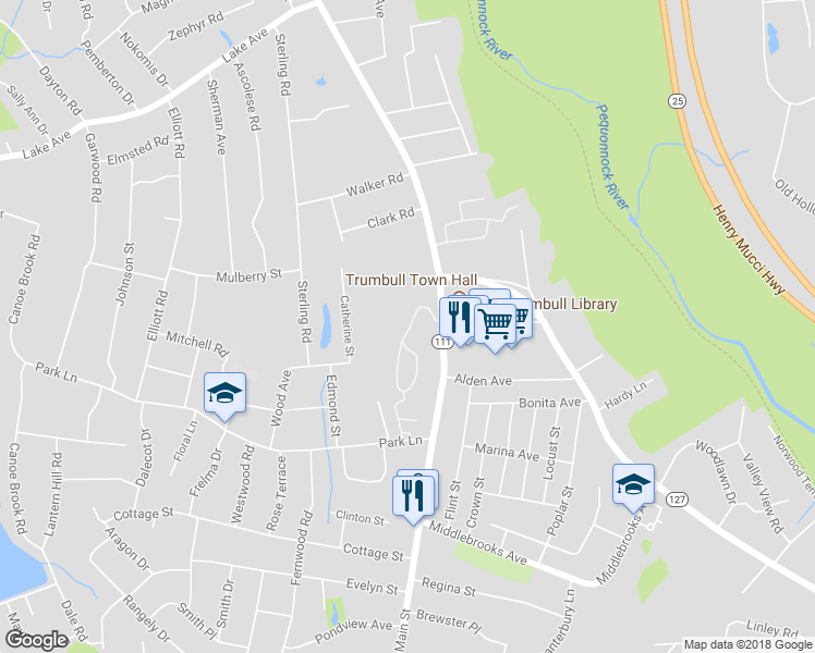 map of restaurants, bars, coffee shops, grocery stores, and more near 183 Mayfield Drive in Trumbull