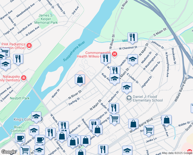 map of restaurants, bars, coffee shops, grocery stores, and more near 473 North River Street in Wilkes-Barre
