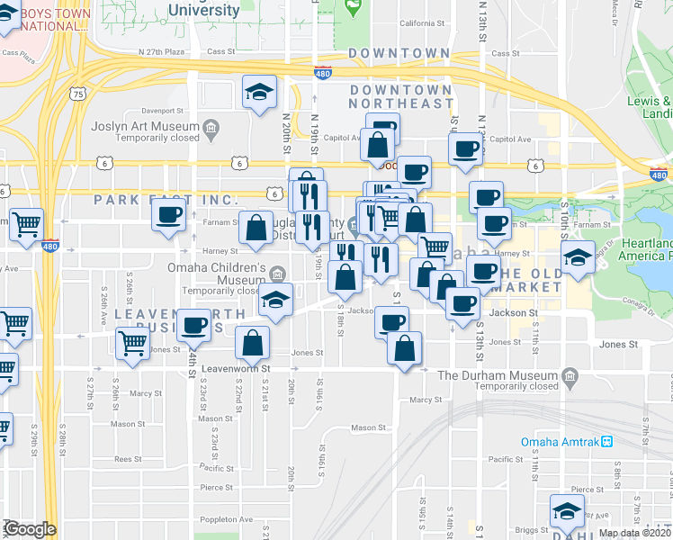 map of restaurants, bars, coffee shops, grocery stores, and more near 1810 Howard Street in Omaha