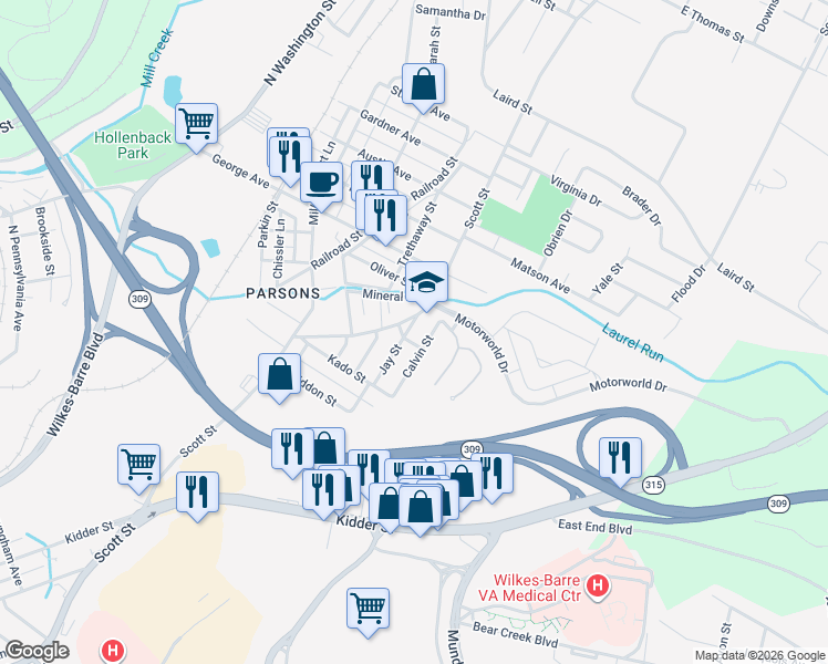 map of restaurants, bars, coffee shops, grocery stores, and more near 61 Jay St in Wilkes-Barre