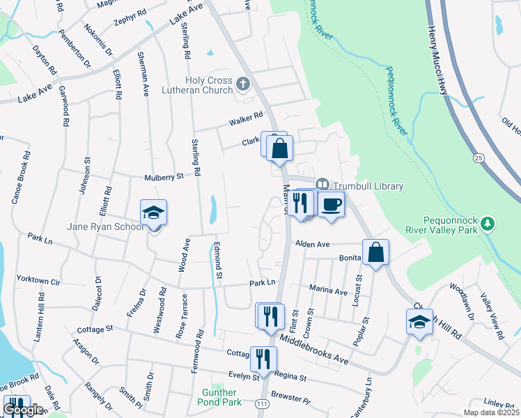 map of restaurants, bars, coffee shops, grocery stores, and more near 169 Mayfield Drive in Trumbull