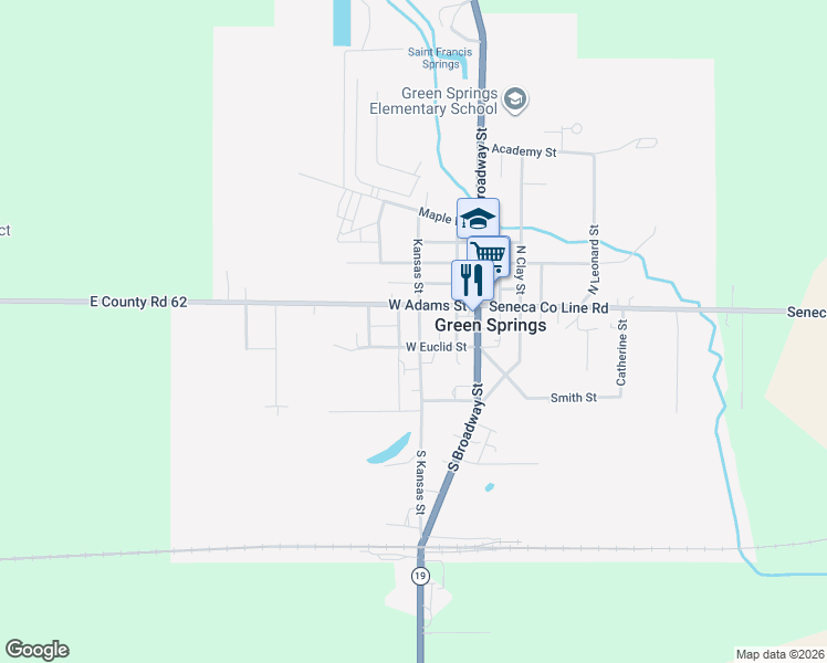 map of restaurants, bars, coffee shops, grocery stores, and more near 109 South Kansas Street in Green Springs