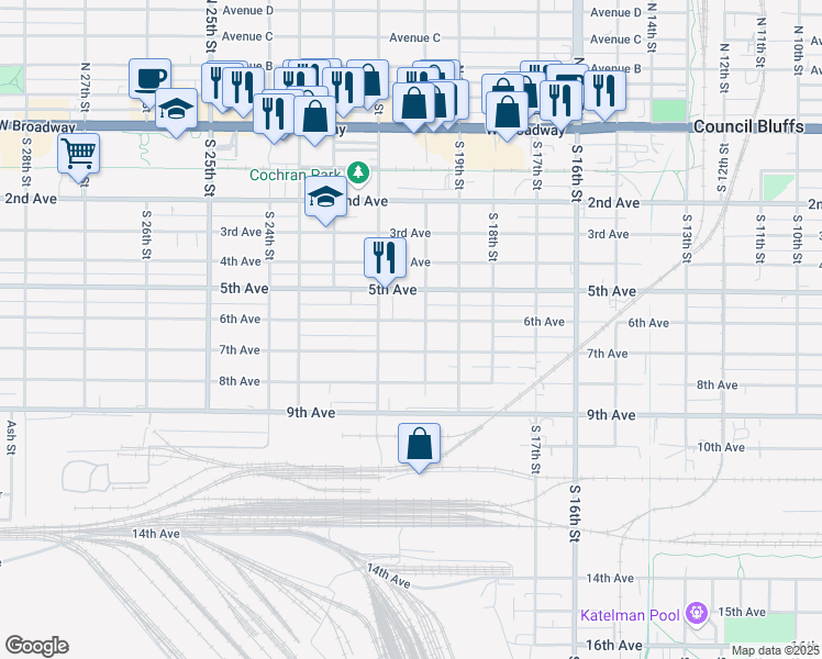 map of restaurants, bars, coffee shops, grocery stores, and more near 2009 6th Avenue in Council Bluffs